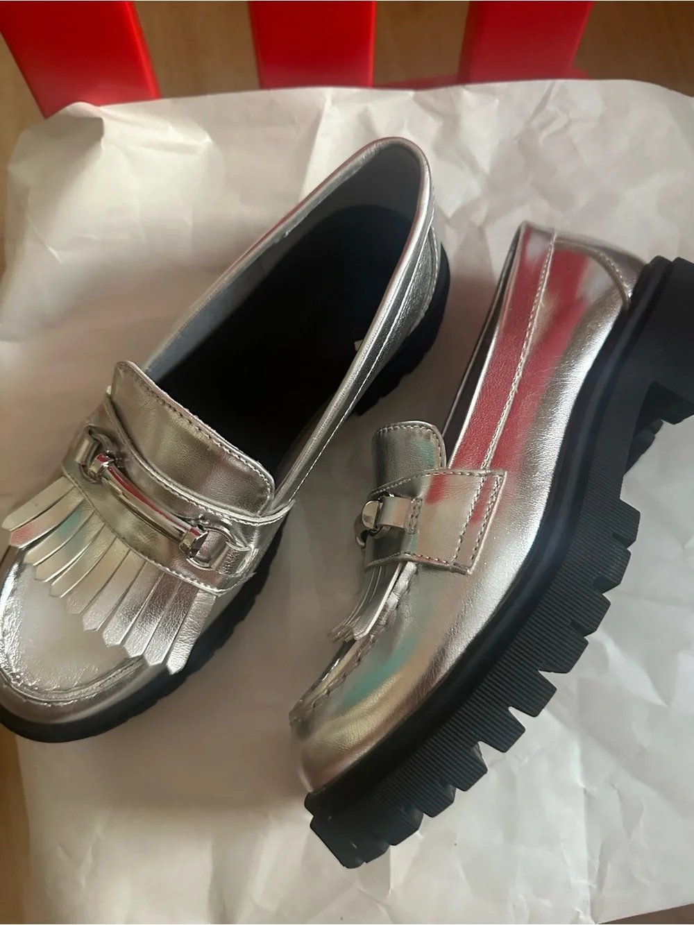 Old Navy Silver Metallic Fringe Loafers with Lug Sole
